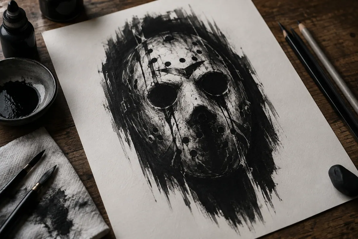 Czarne plamy tuszu i studyjny kadr maski horrorowej na papierze