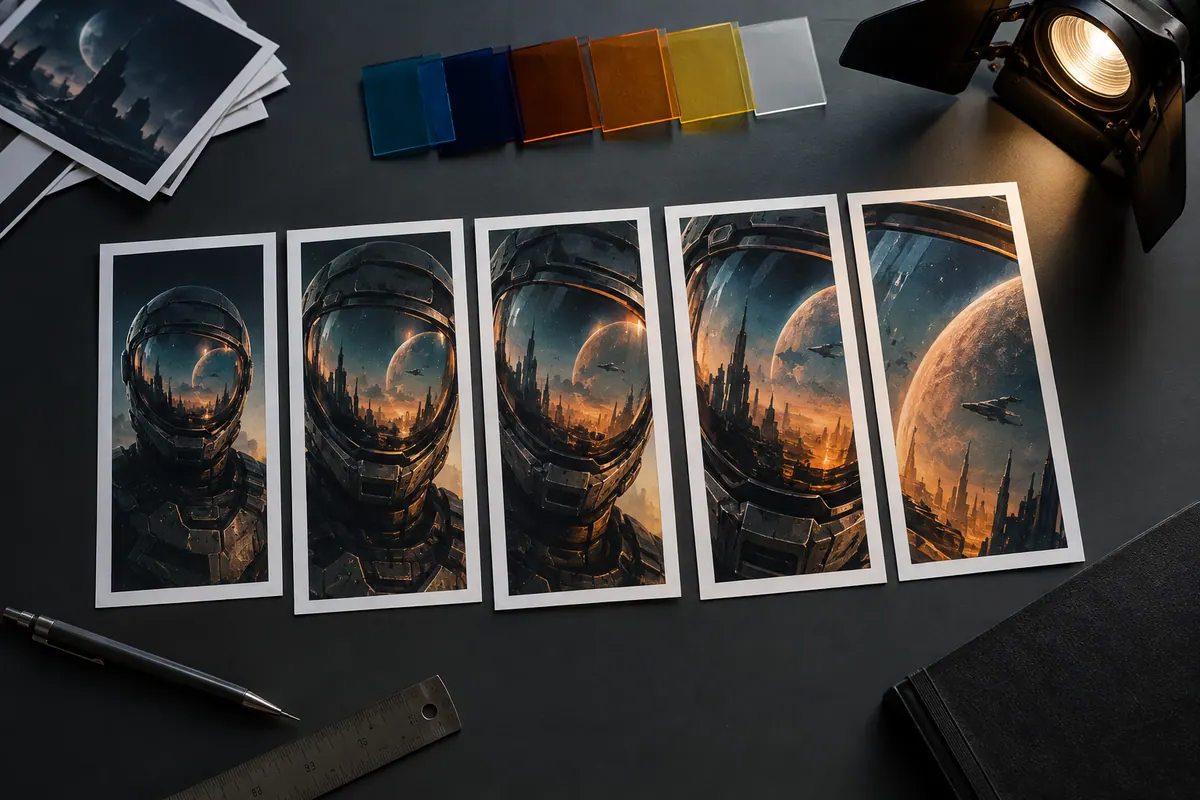 Papierowe miniatury kadru z motywem pionowego wizjera science-fiction