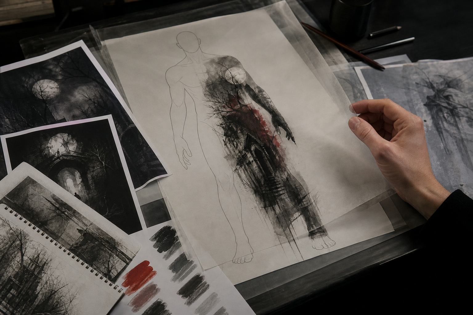 Autorski projekt tatuażu horror realism inspirowany filmowym kadrem