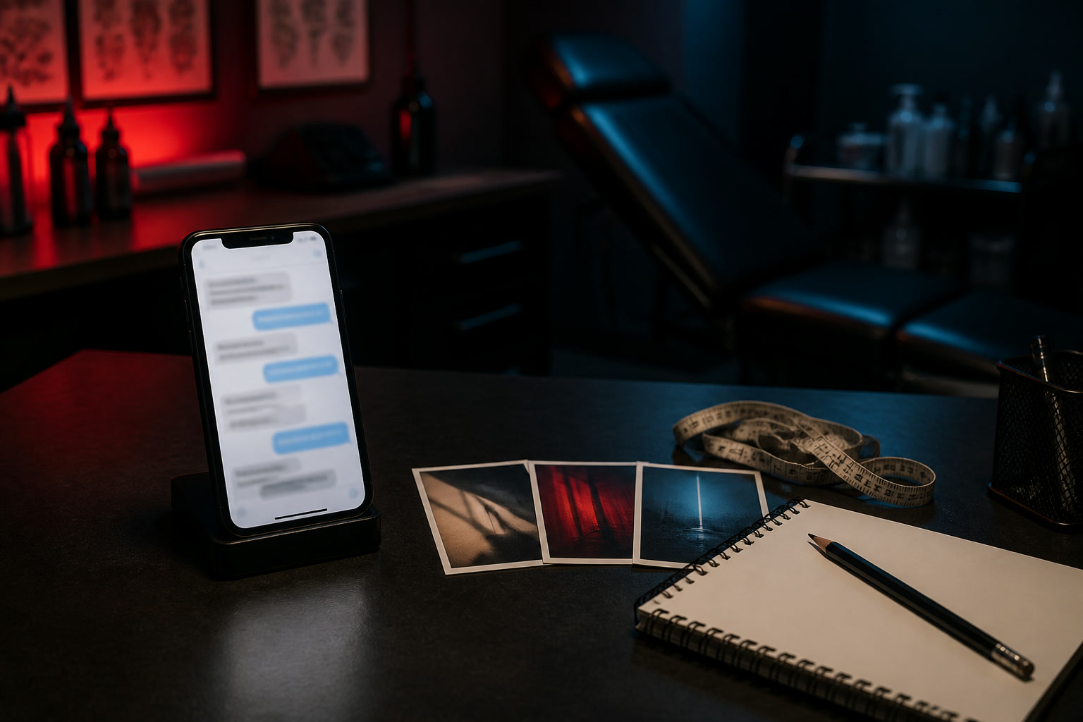 Telefon z przygotowaną wiadomością do tatuatora, referencjami projektu i miarką